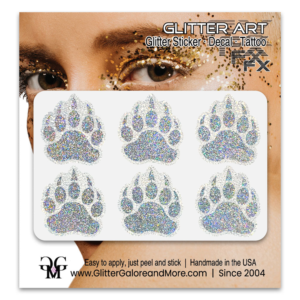 Bear Paws Glitter Sticker Tattoo, Made with Brilliant White Borders