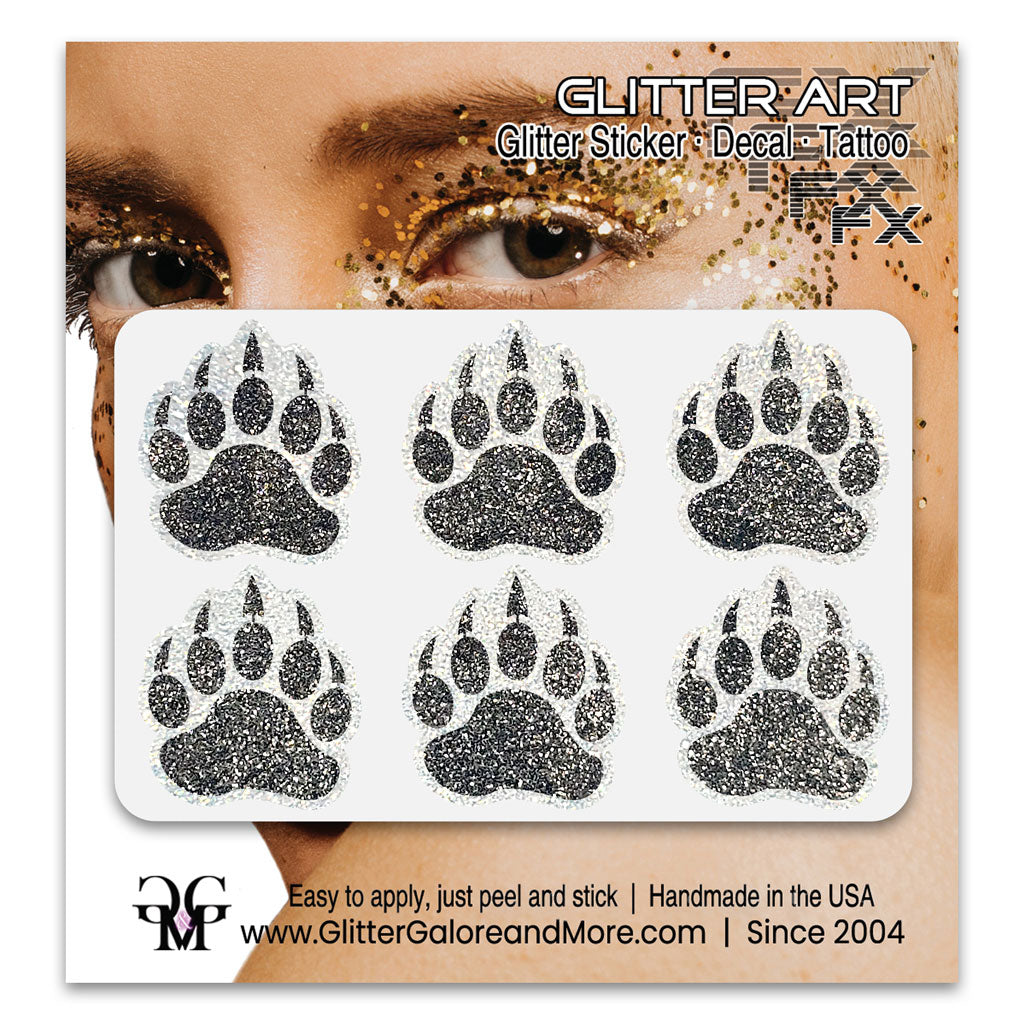 Bear Paws Glitter Sticker Tattoo, Made with Brilliant White Borders