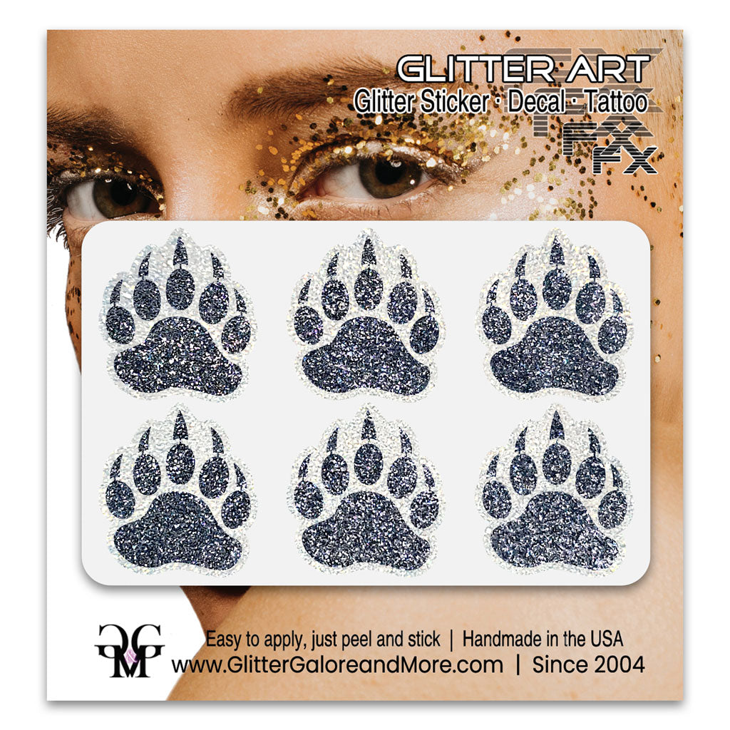 Bear Paws Glitter Sticker Tattoo, Made with Brilliant White Borders