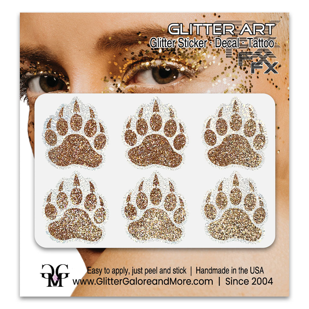 Bear Paws Glitter Sticker Tattoo, Made with Brilliant White Borders