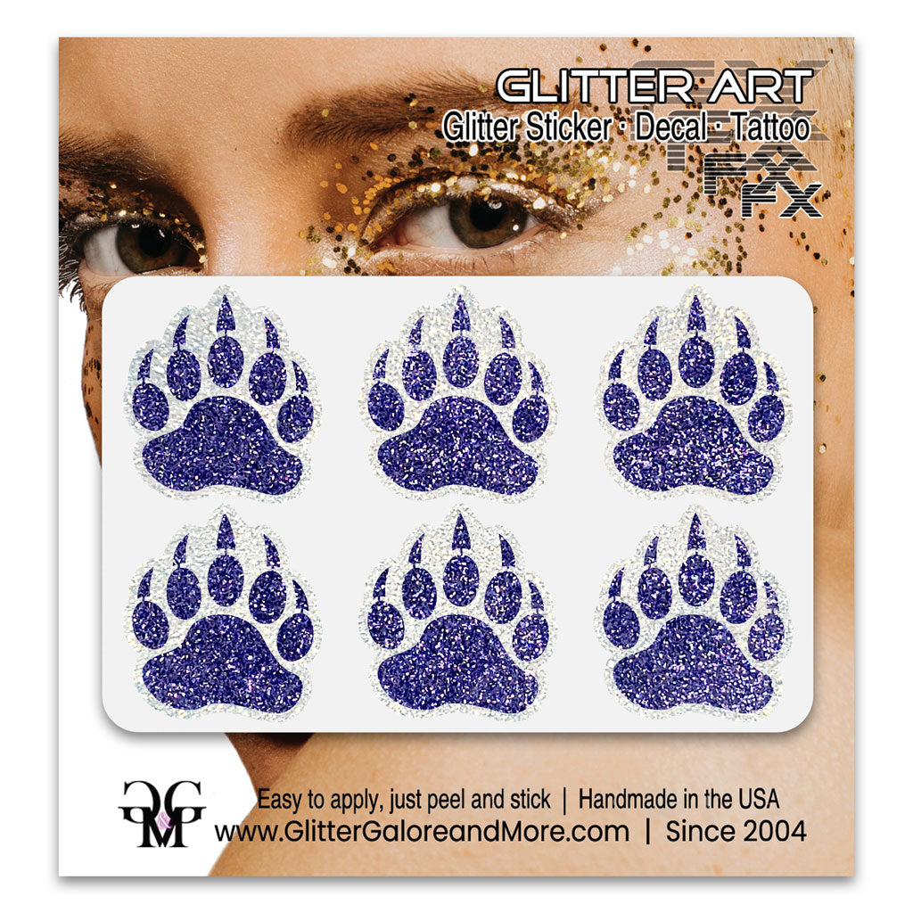 Six glitter sticker tattoos of bear paws with claws in lilac and white glitter colors.