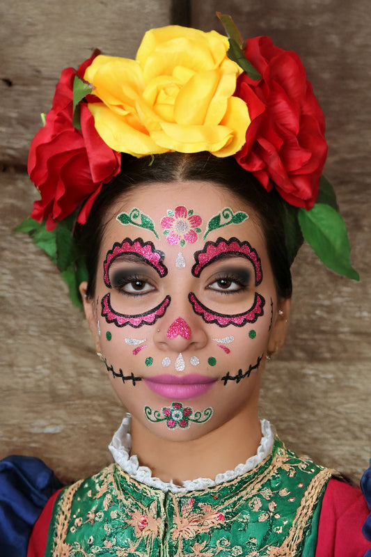 Sugar Skull Day of the Dead Face Glitter Sticker Tattoo, Sticker Set