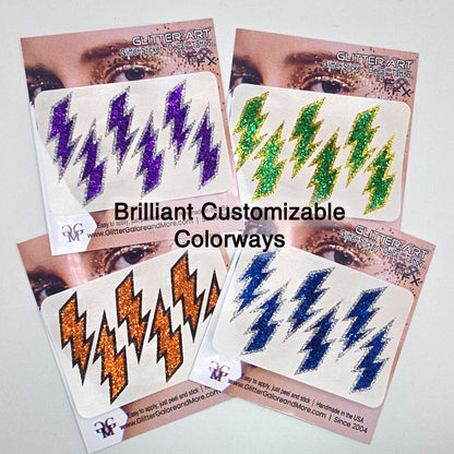 Lightning Bolt Glitter Stickers, Customizable Colorways - Cheer Team Glitter Tattoos