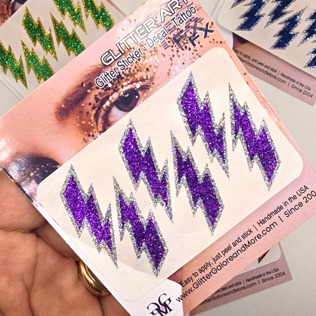 Lightning Bolt Glitter Stickers, Customizable Colorways - Cheer Team Glitter Tattoos