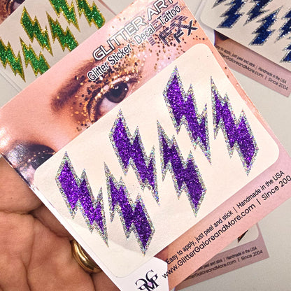 Lightning Bolt Glitter Stickers, Customizable Colorways - Cheer Team Glitter Tattoos