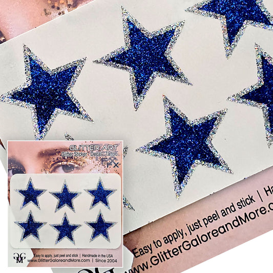 Glitter Stickers Stars 1 inch - Two Color Way - Royal Blue and Silver Prism