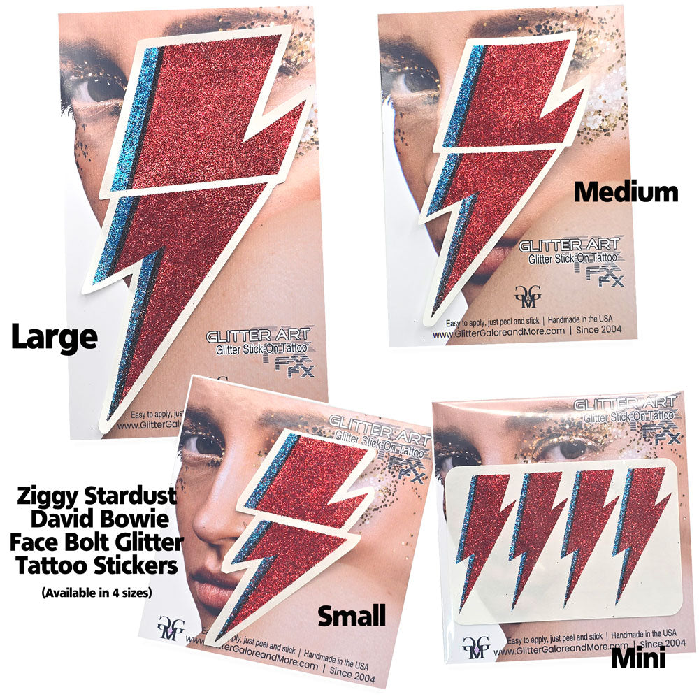 Ziggy Stardust bolts for face and body in large, medium, small, and mini sizes.