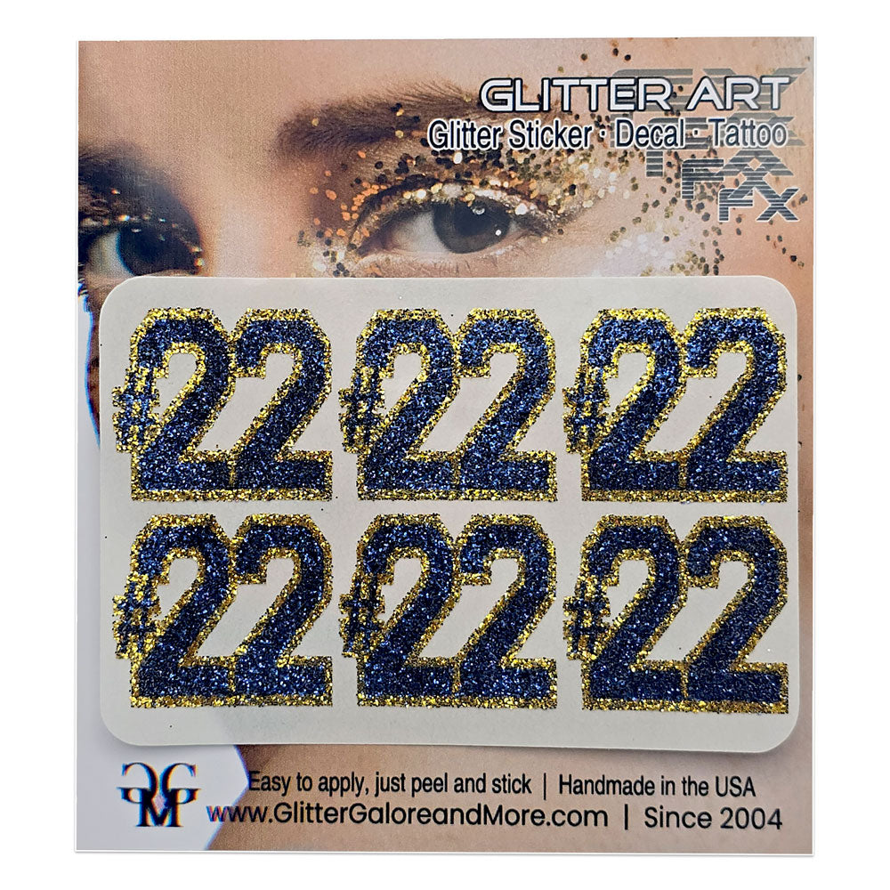 Caitlin Clark No 22 6 Piece Stickers in Gold and Dark Blue Glitter.