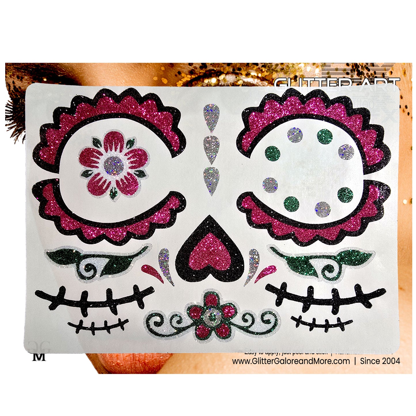 Sugar Skull Day of the Dead Face Glitter Sticker Tattoo, Sticker Set