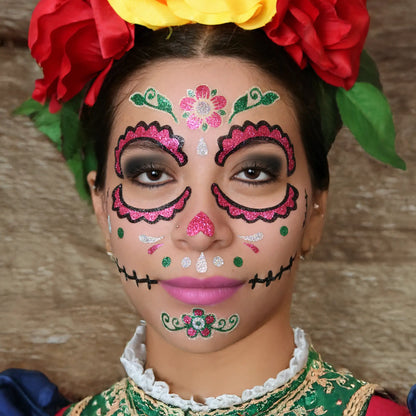 Sugar Skull Day of the Dead Face Glitter Sticker Tattoo, Costume Sticker Set