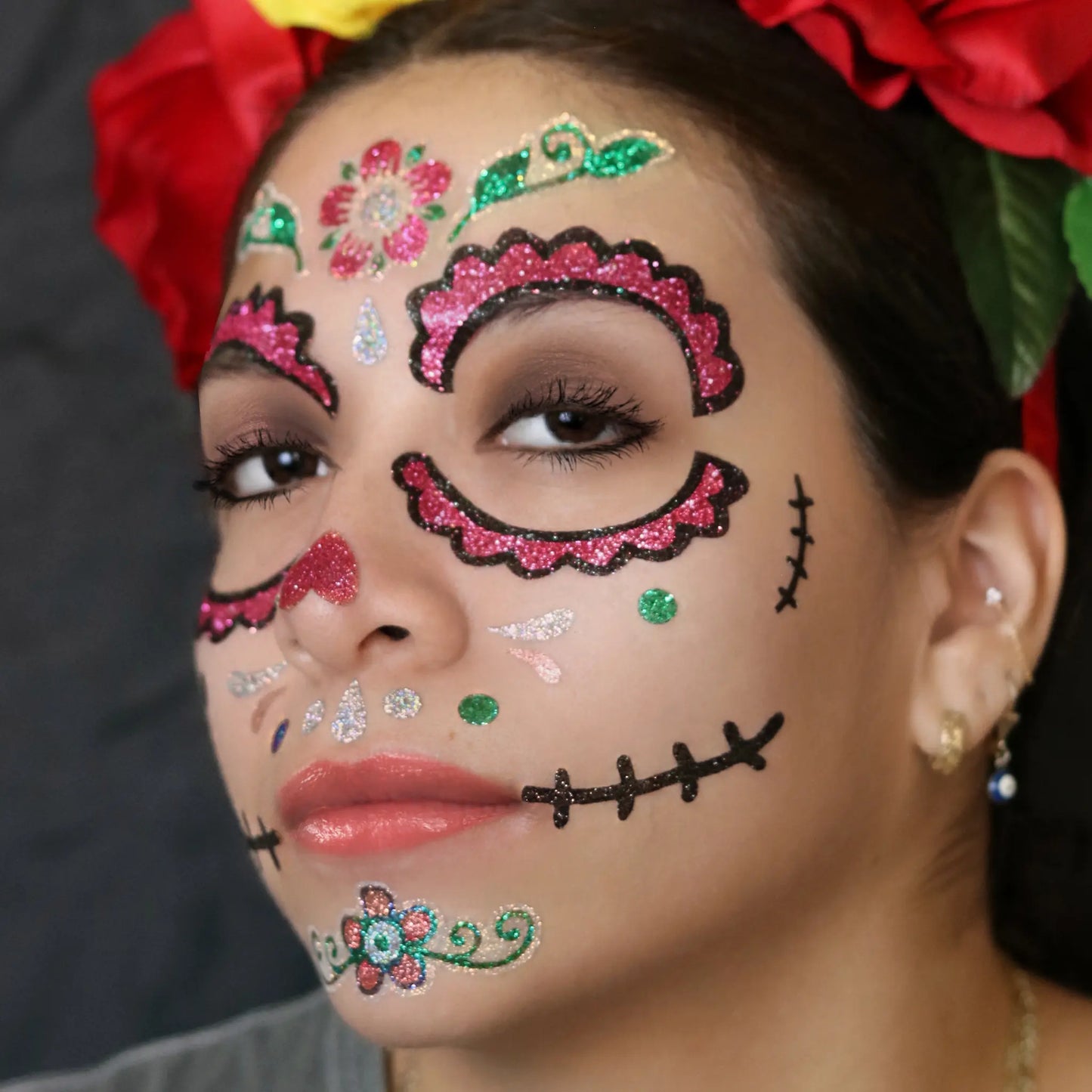 Sugar Skull Day of the Dead Face Glitter Sticker Tattoo, Costume Sticker Set