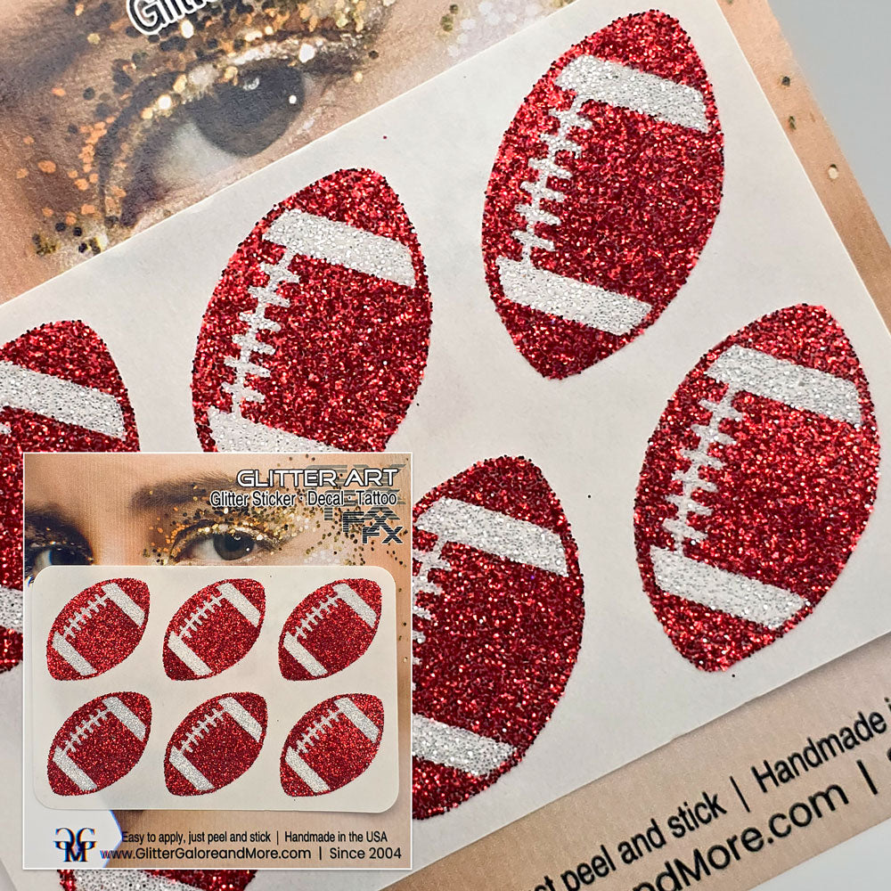 Football Face Decals in Red and White Glitter. 