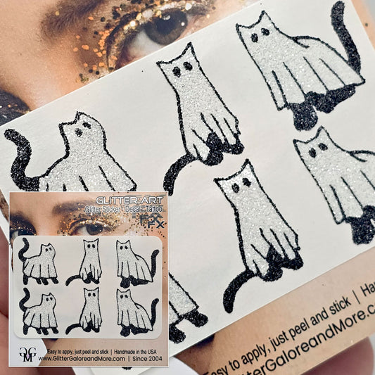 Cute Ghost Cat Glitter Tattoo Stickers – Pastel Goth Halloween Body Art