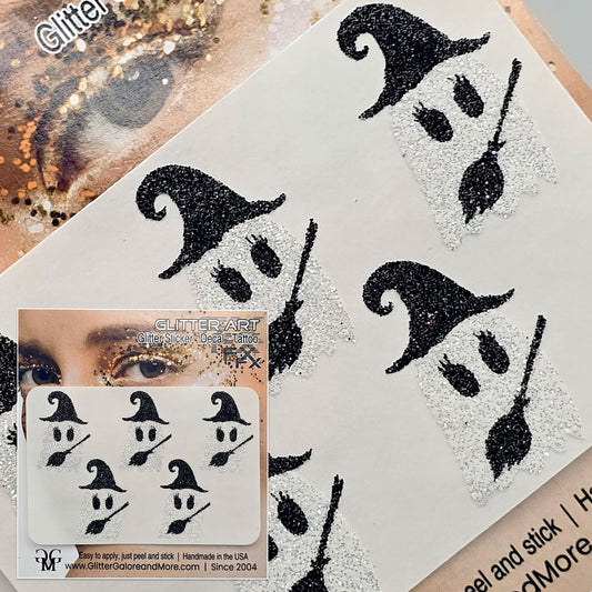 Witch Ghost Glitter Tattoo Stickers – Whimsical Spooky Face & Body Decals