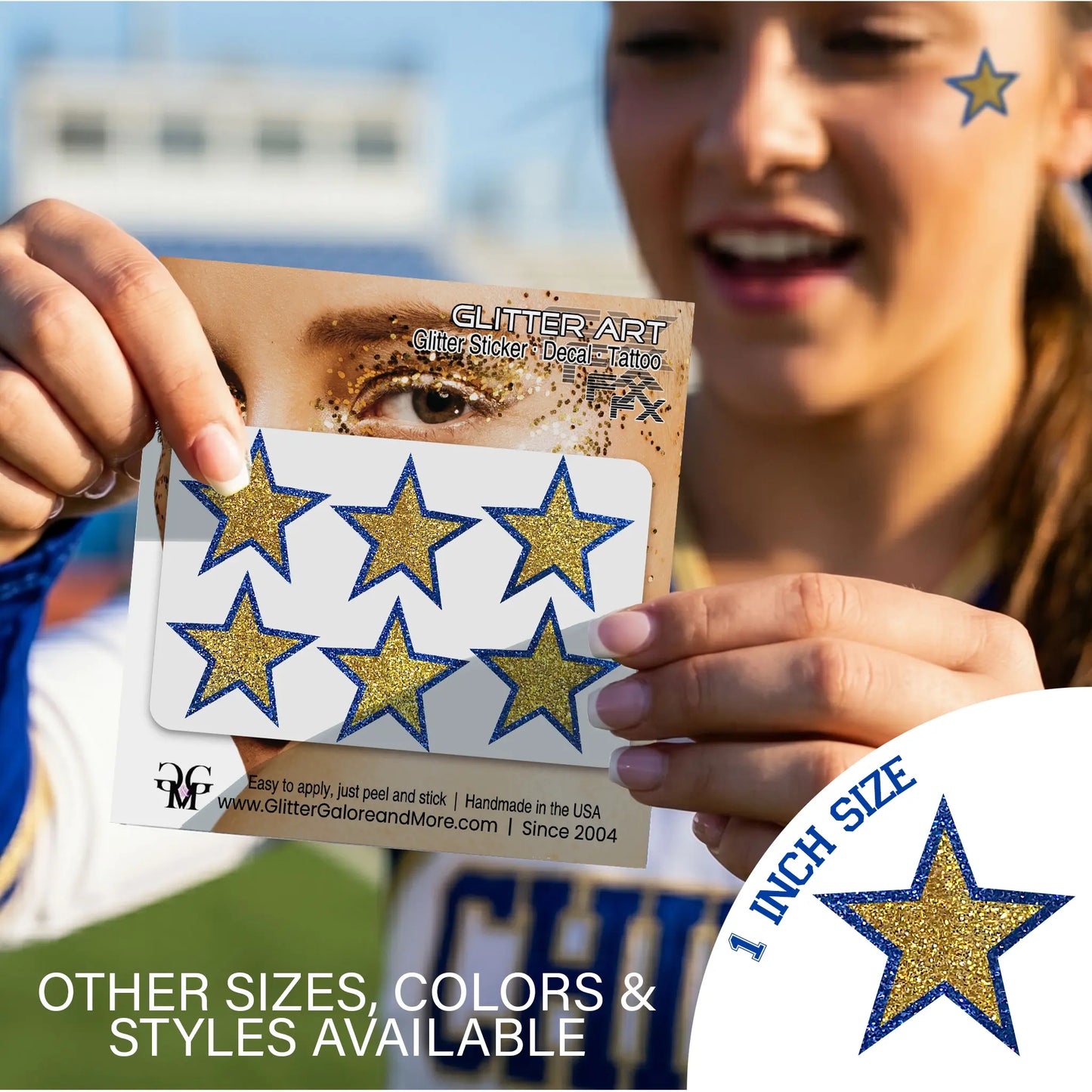 Custom Color Glitter Star Face Stickers — Cheer & Spirit