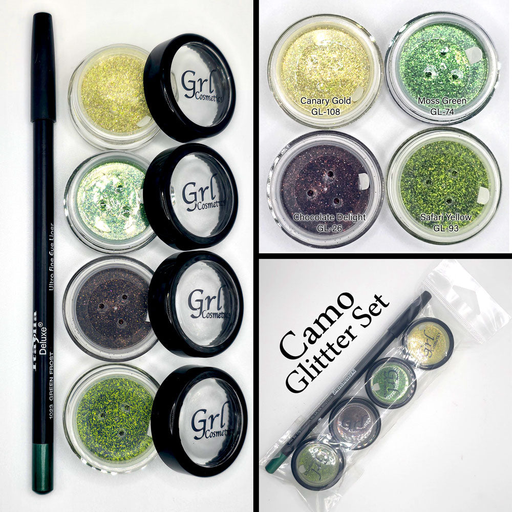 Camo Glitter Set in 10 gram Jars and Green Eyeliner Pencil.