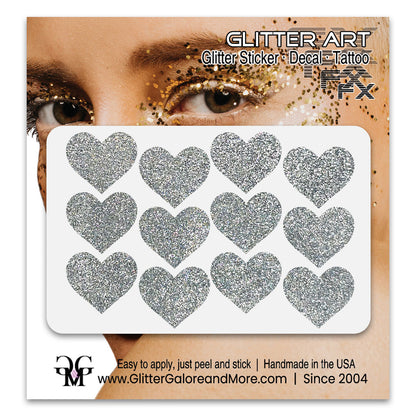 Silver glitter heart face stickers.