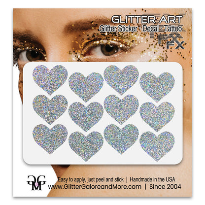 Silver holographic glitter heart face stickers.