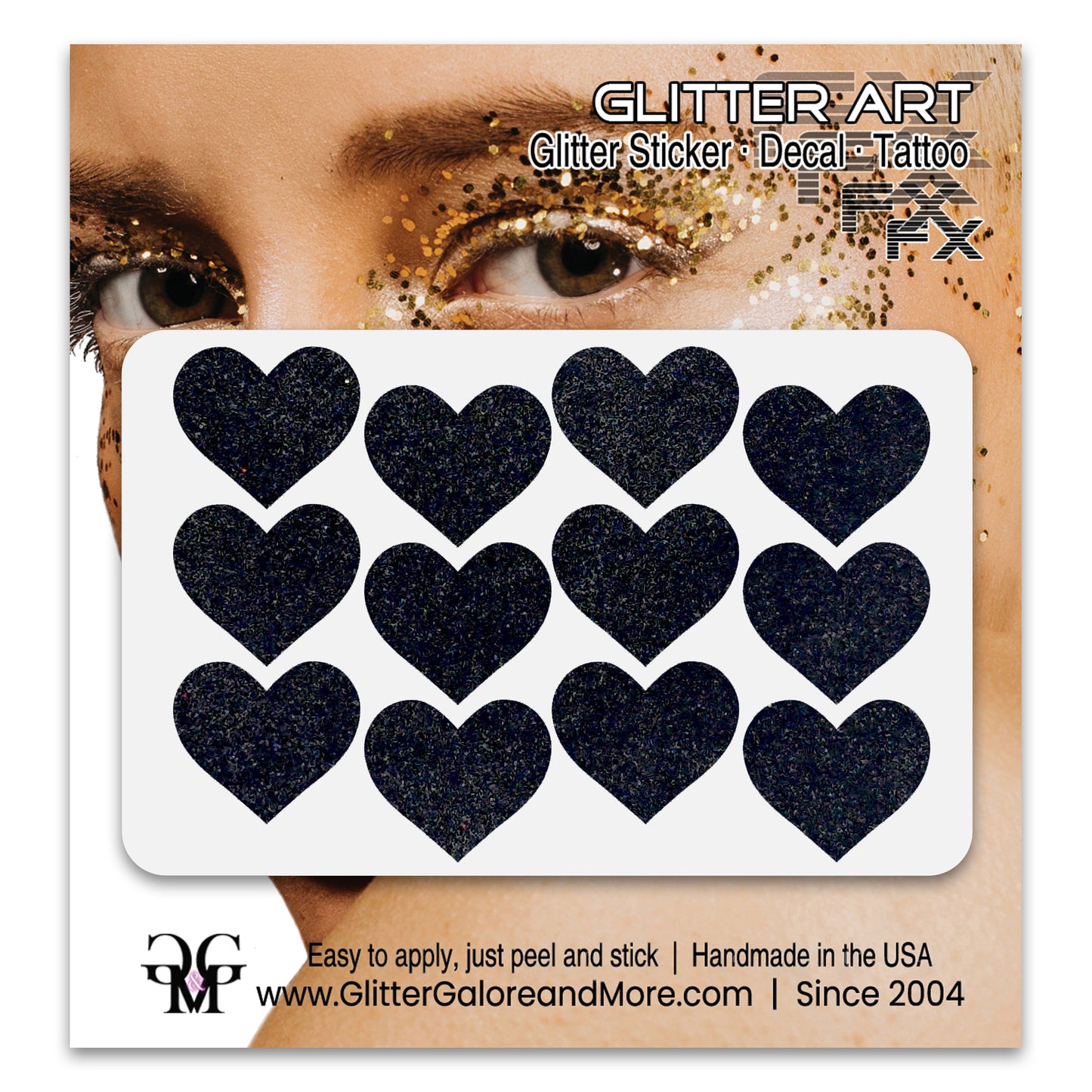 Black glitter heart face decals.
