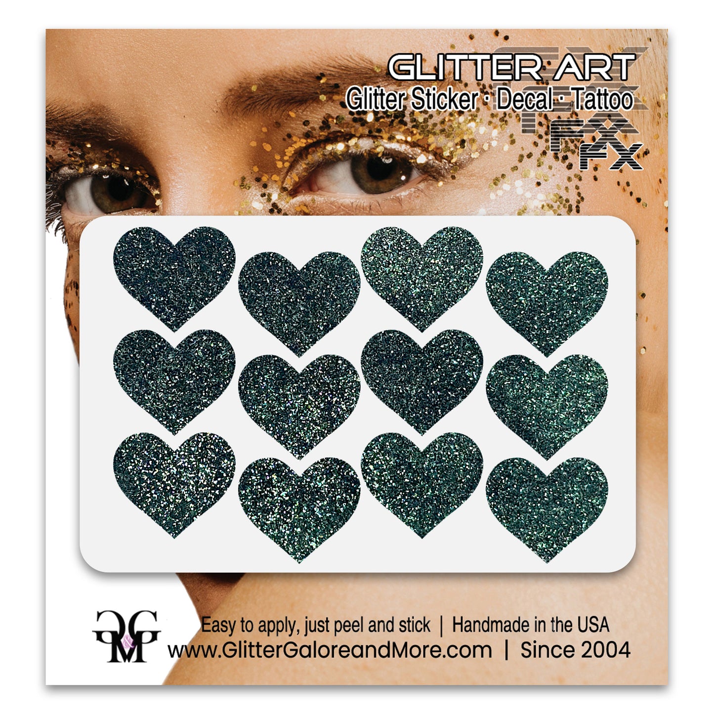 Forest glitter heart face decals.