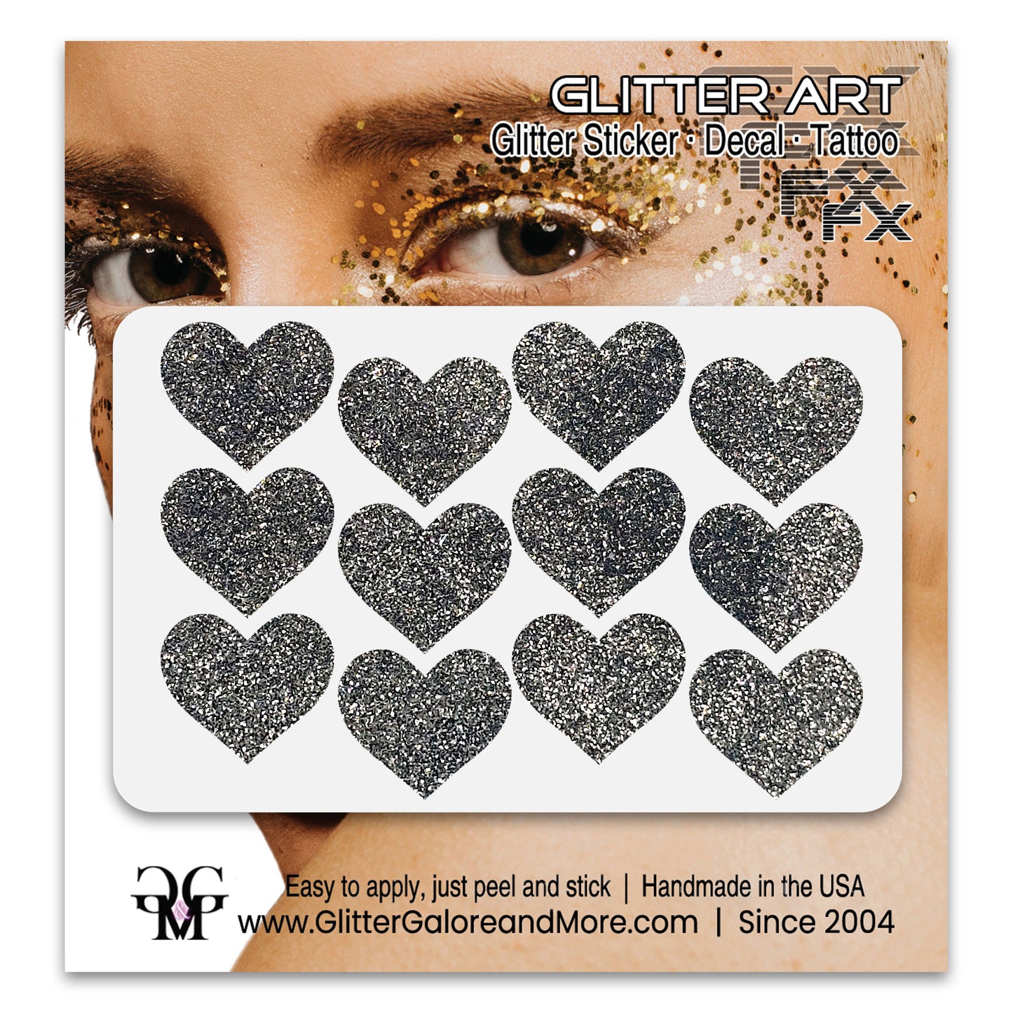 Pewter glitter heart face decals.