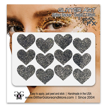Pewter glitter heart face decals.