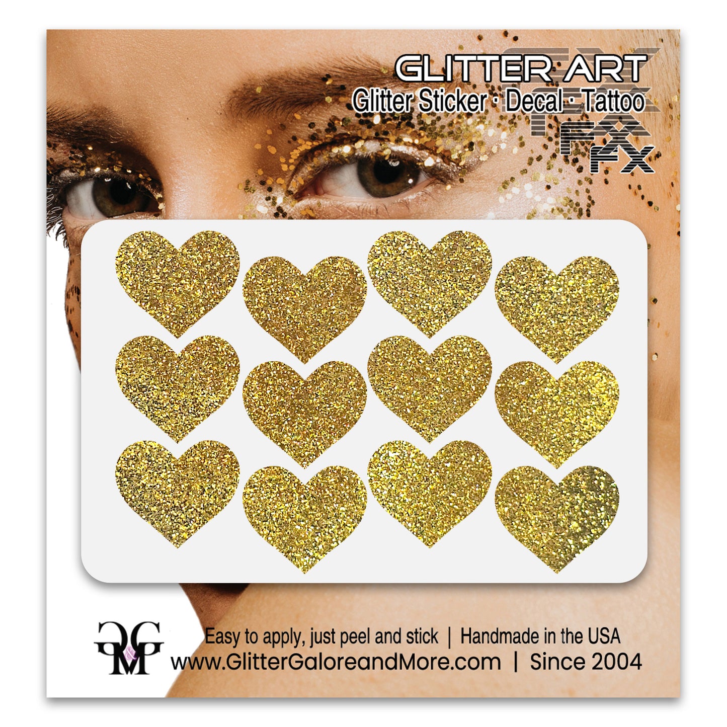 Dark gold glitter heart face decals.