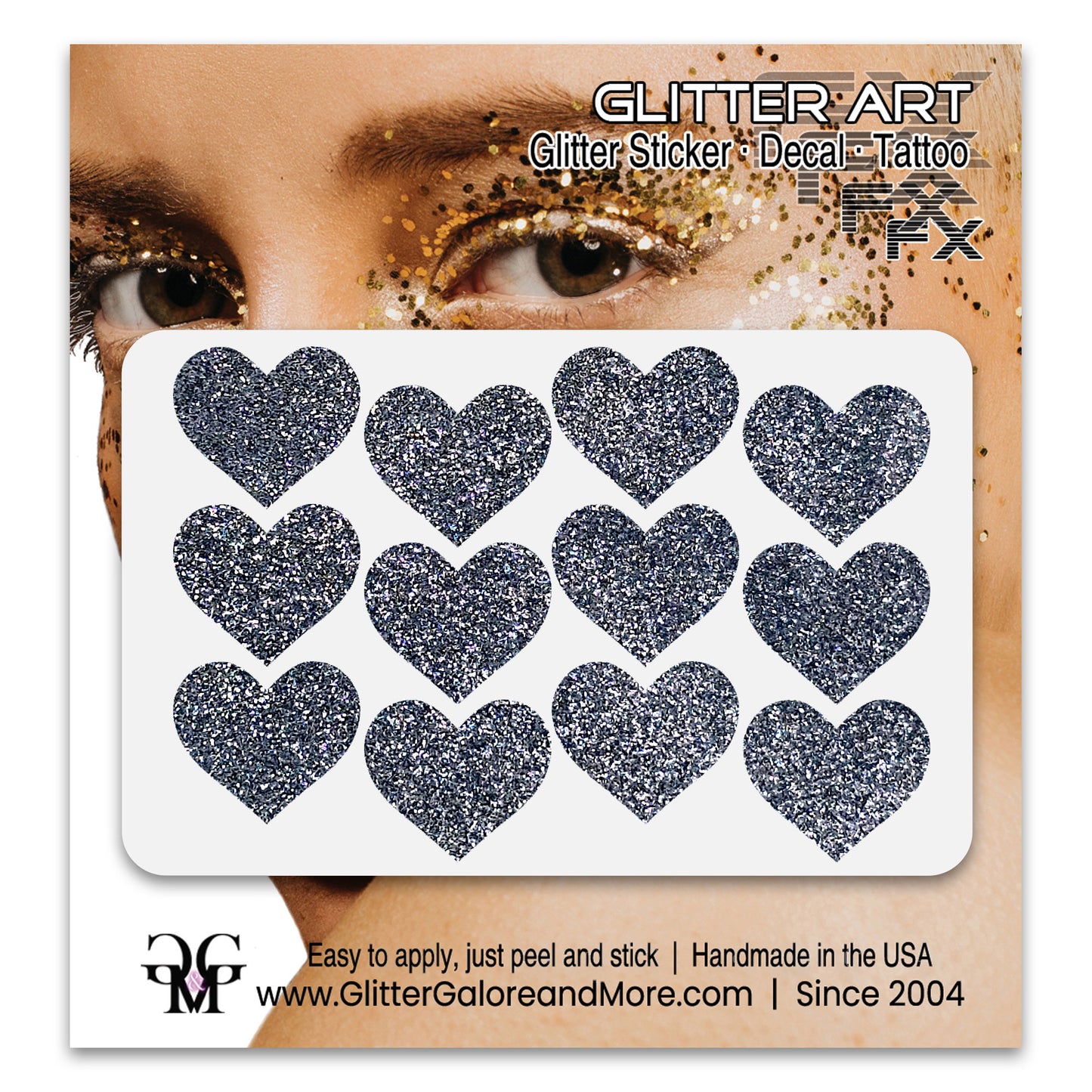 Grey glitter heart face stickers.