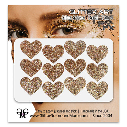 Light gold glitter heart face stickers.