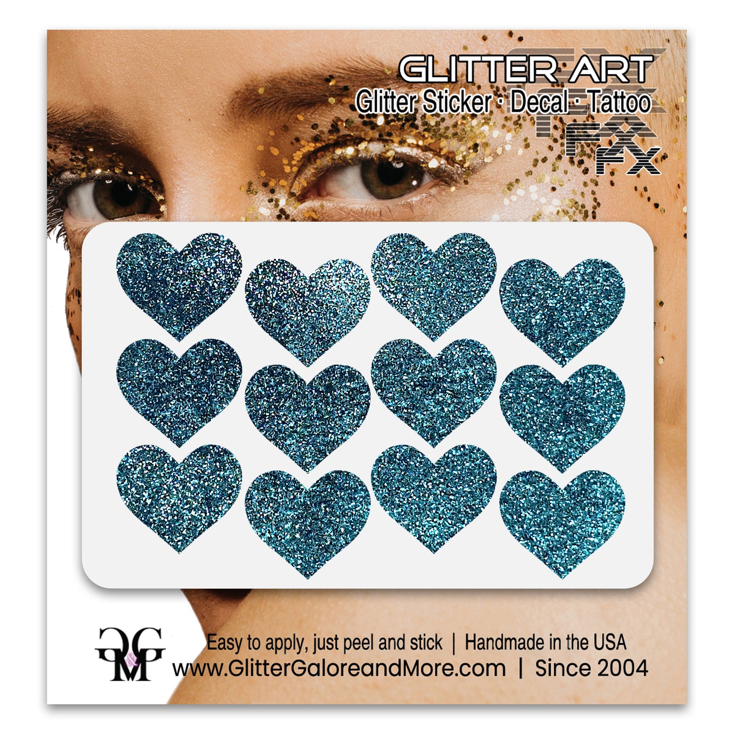 Teal glitter heart face decals.