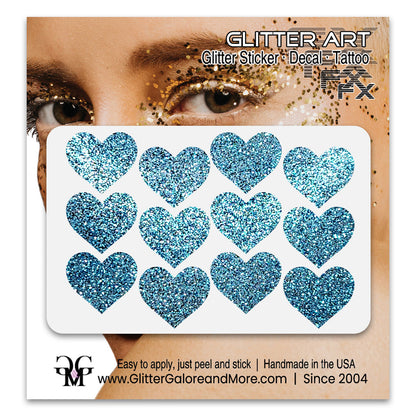 Light blue glitter heart face decals.