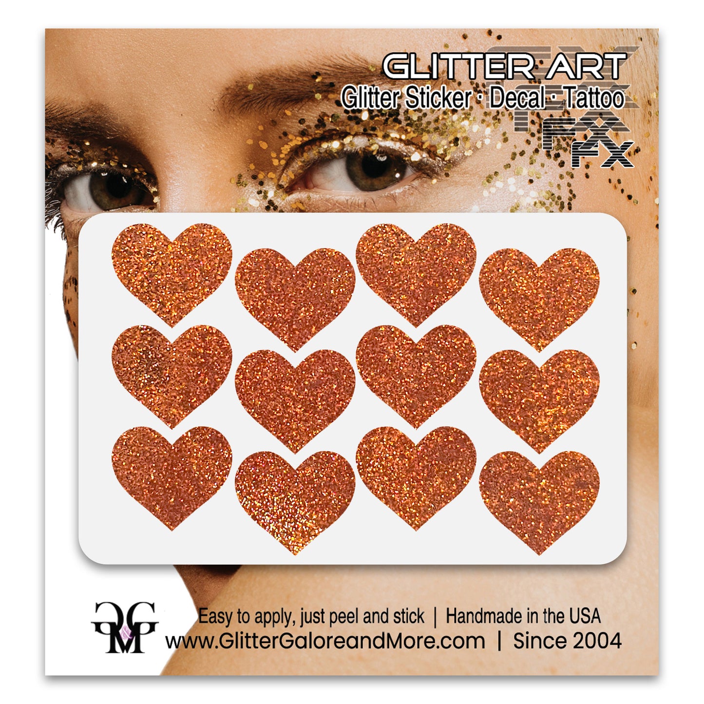 Orange glitter heart face stickers.