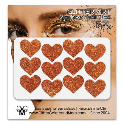 Orange glitter heart face stickers.