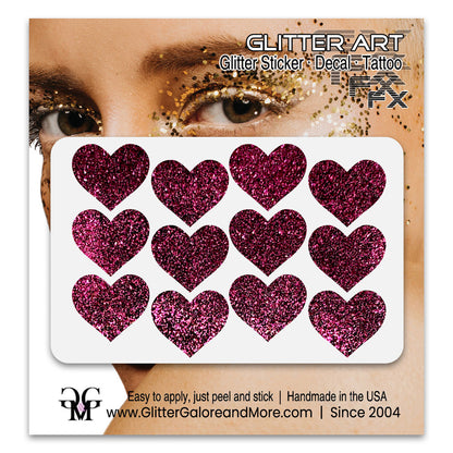 Heart Glitter Stickers, .75 inches, 8 Stickers - Available in Brilliant Glitter Colors