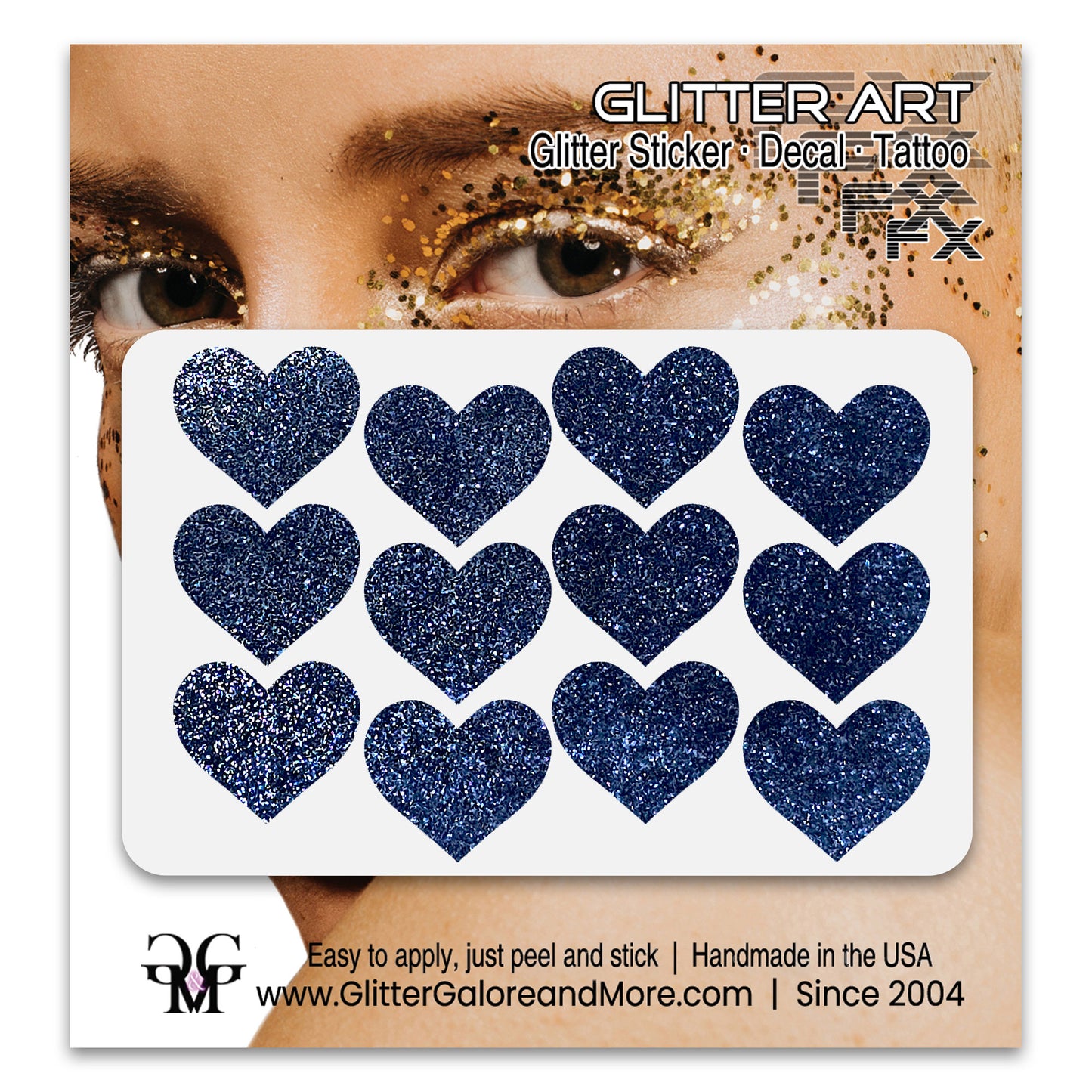 Navy glitter heart face stickers.