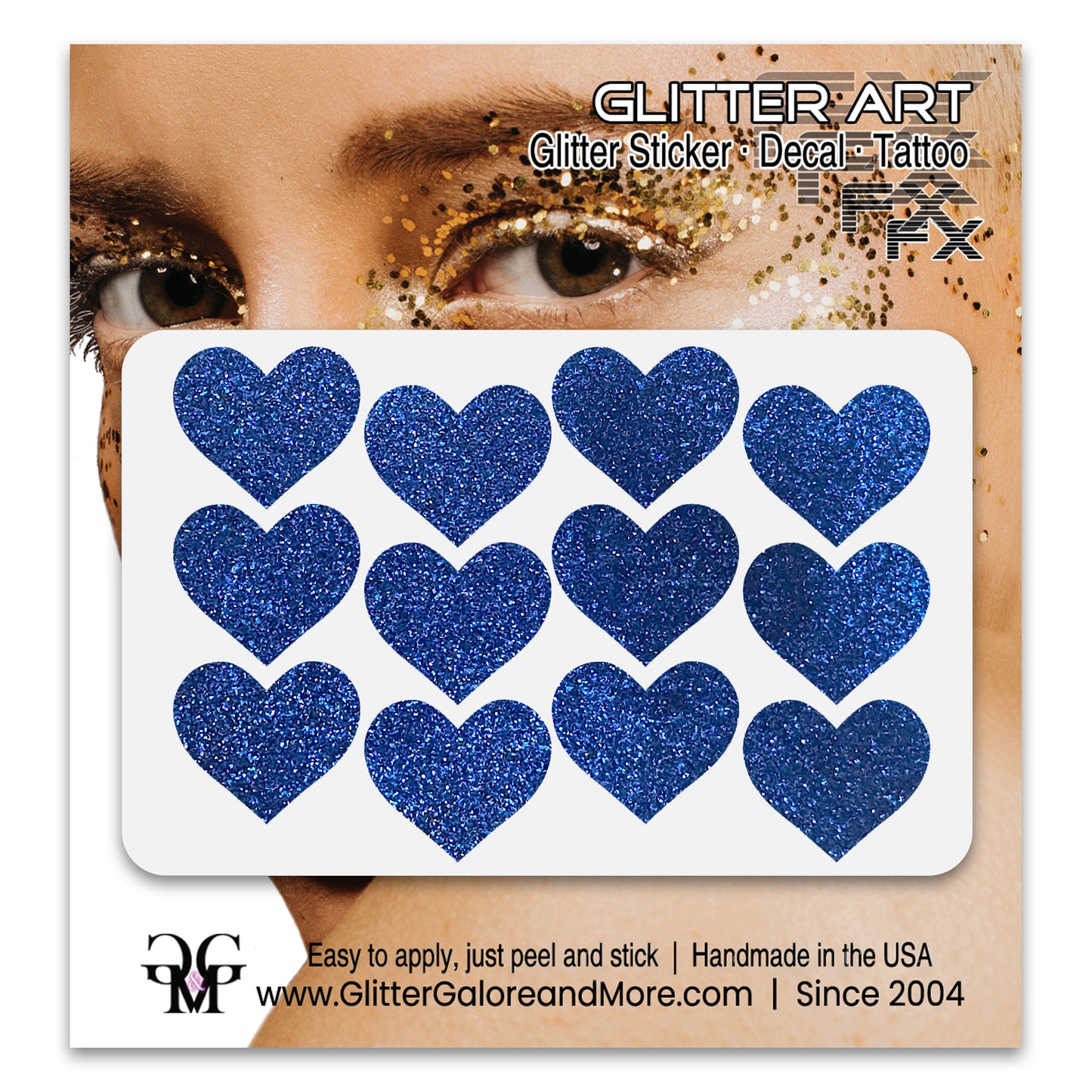 Royal Blue glitter heart face stickers.