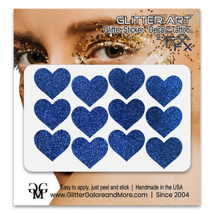 Royal Blue glitter heart face stickers.