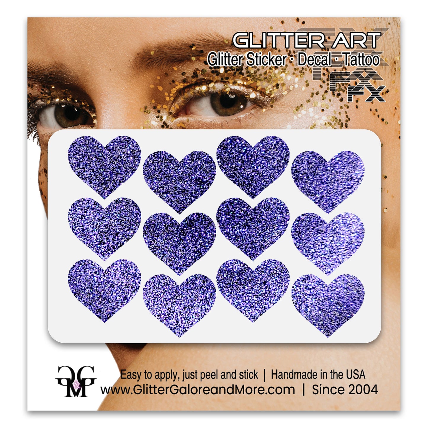 Deep purple glitter heart face decals.