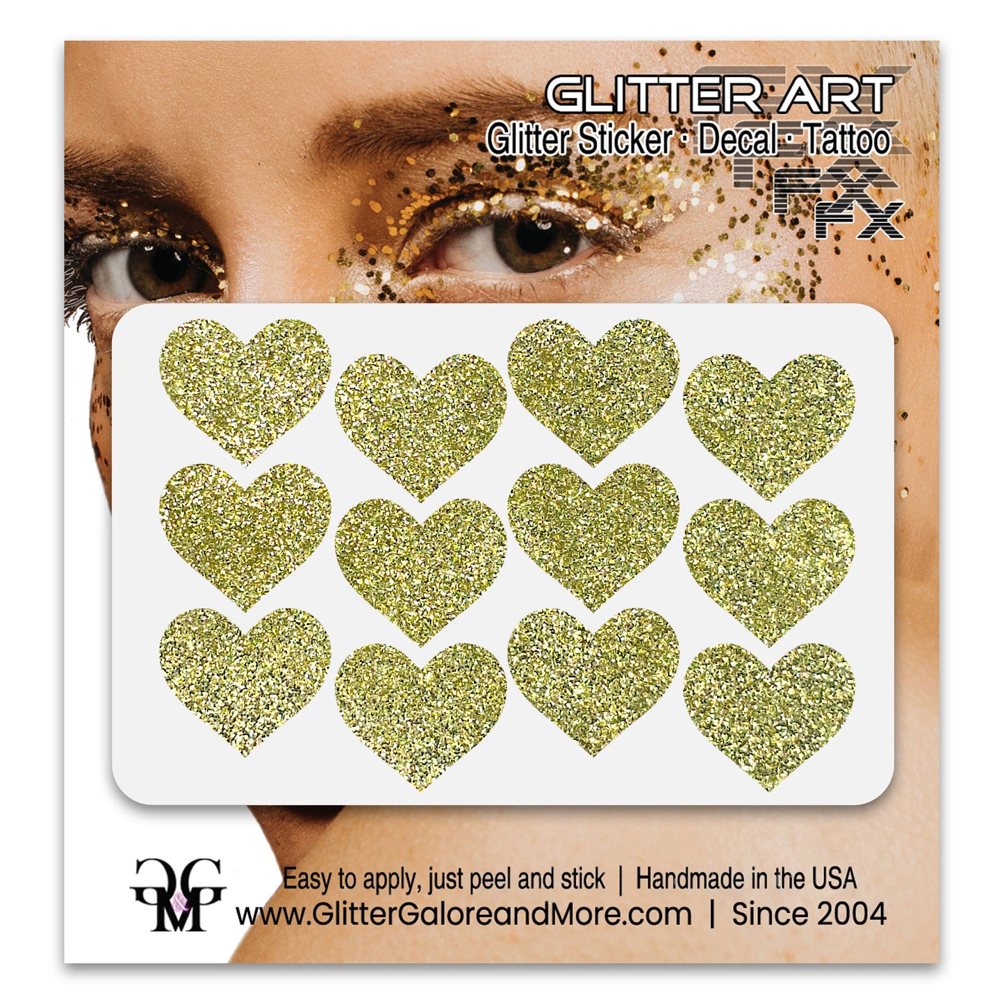Yellow gold glitter heart face stickers.