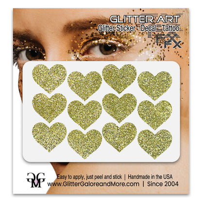 Yellow gold glitter heart face stickers.
