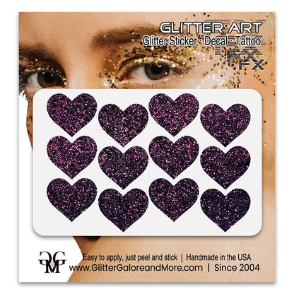 Plum glitter heart face decals.