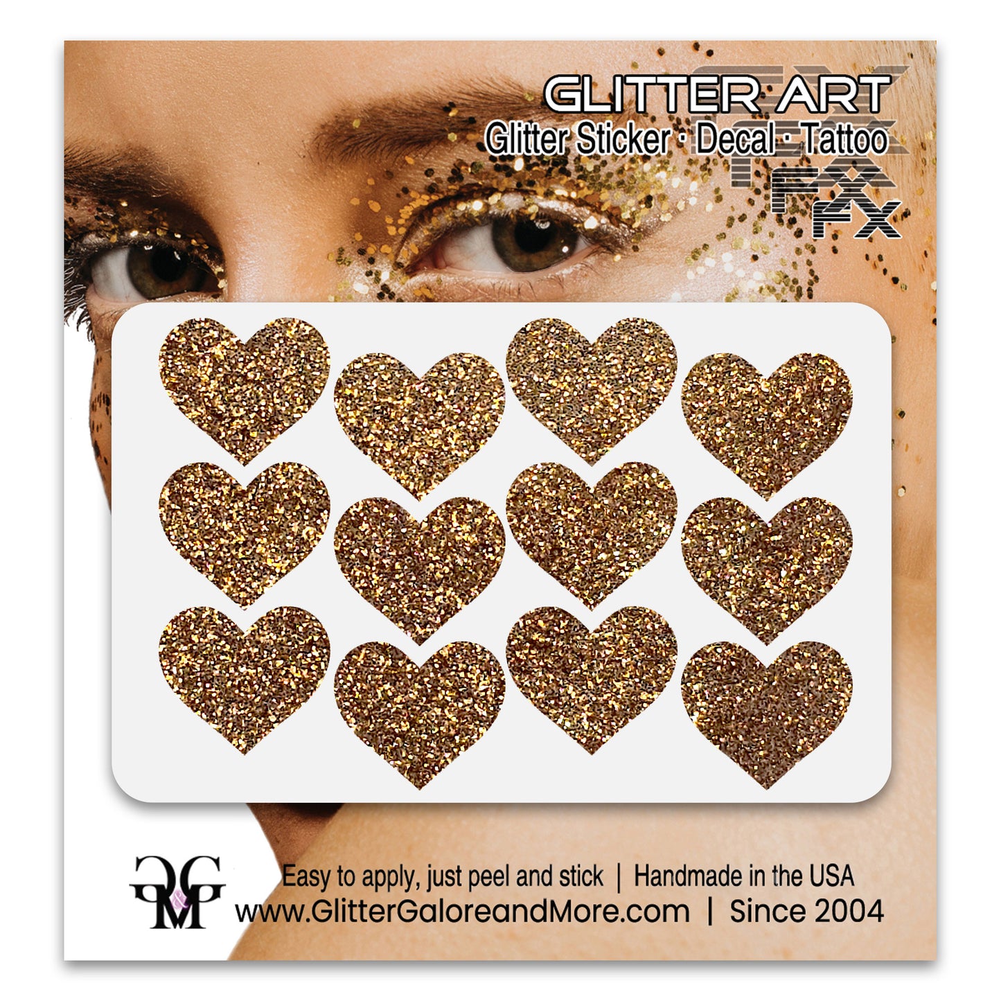 Bronze glitter heart face decals.
