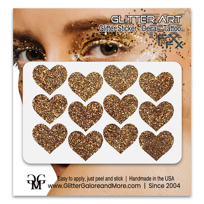 Bronze glitter heart face decals.