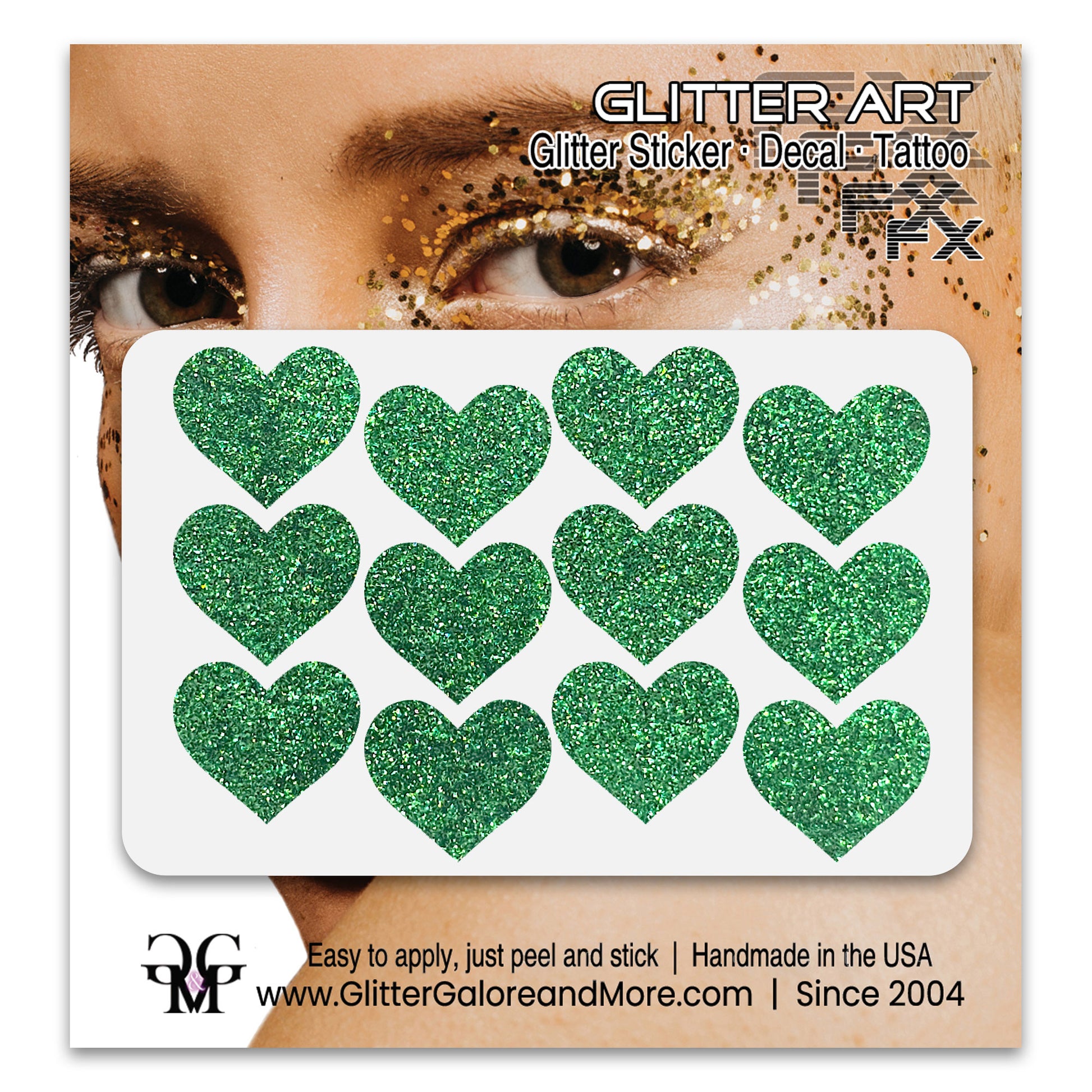 Kelly green glitter heart face stickers.