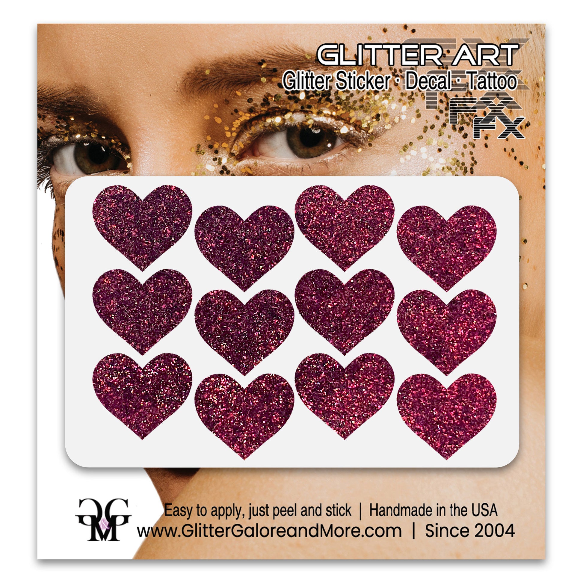 Maroon glitter heart face stickers.