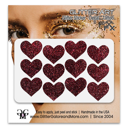 Heart Glitter Stickers, .75 inches, 8 Stickers - Available in Brilliant Glitter Colors