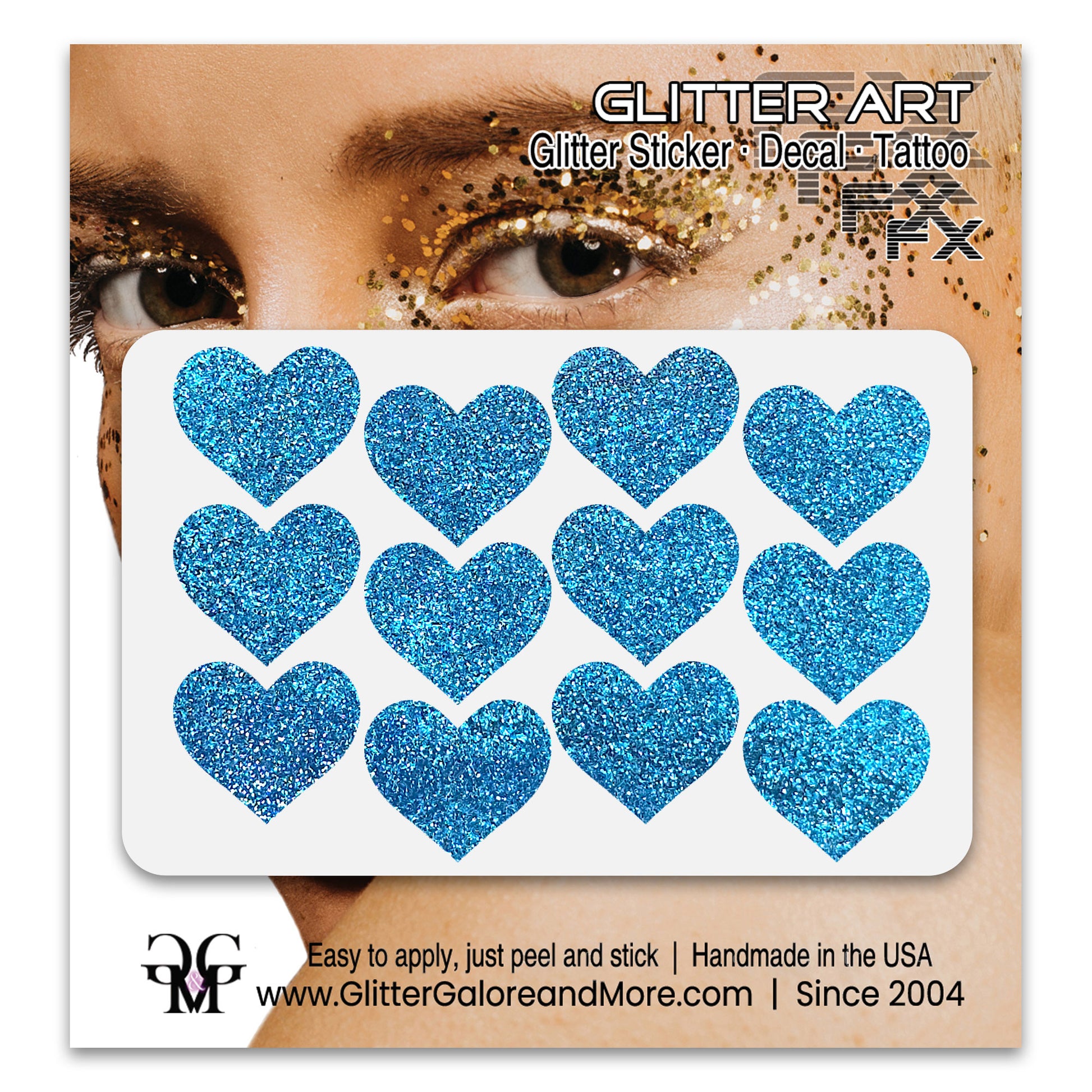Turquoise glitter heart face stickers.