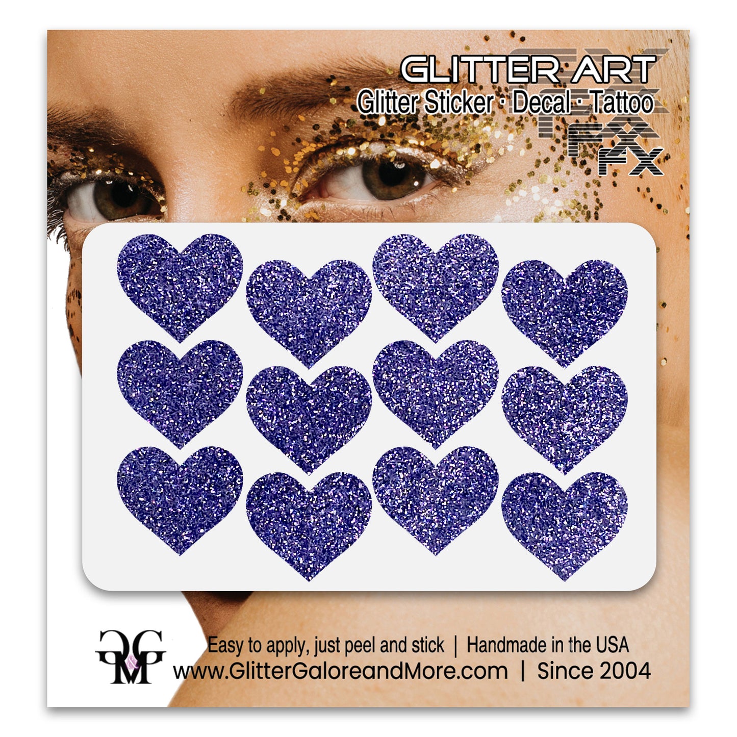 Lilace glitter heart face decals.