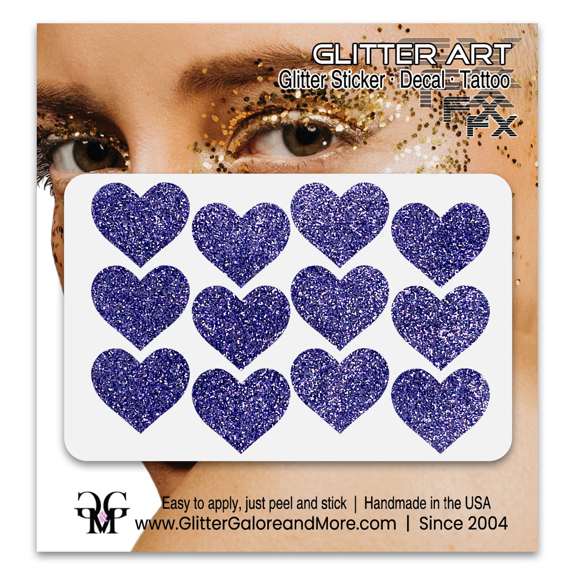 Lilace glitter heart face decals.