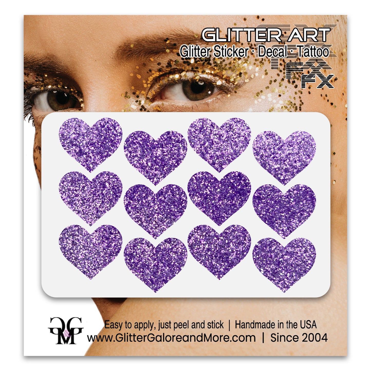 Lavender glitter heart face decals.